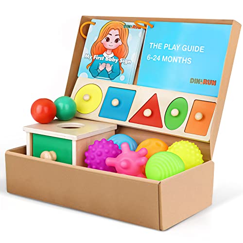 DINORUN Wooden Toys Montessori Toys for 1 Year Old 5 In 1 Toddler Toys | Object Permanence Box Wooden Shape Sorte Baby Ball Baby Sensory Toys 1 2 3 Year Old
