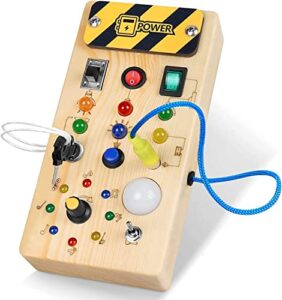Wooden Busy Board for Toddlers Montessori Busy Board with 8 LED Light Switches Sensory Board Educational Learning Toy for 1+ Year Old Baby and Toddler Travel Toy