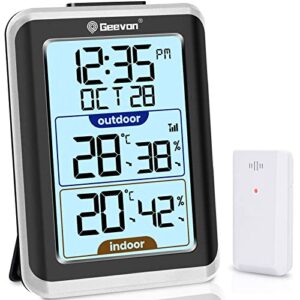 GEEVON Indoor Outdoor Thermometer Wireless Digital Hygrometer Temperature Gauge with Time,200ft/60m Range Temperature Humidity Senso