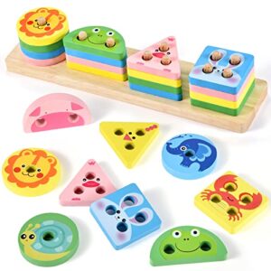 Atoylink Wooden Montessori Toys for 3+ Years Boys Girls Wooden Sorting Stacking Toys Shape Sorter Color Animal Recognition Preschool Educational Toys Early Development Gift for Kids Toddlers