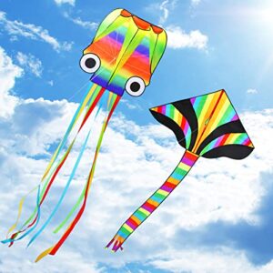 COOLJOY Huge Kites 2 Packs | 3D Octopus Kite and Rainbow Delta Kite with Long Tail | Easy Flyer Kites for Boys Girls Adults Friends and Family | Flying Beach Park Outdoor Games Activities