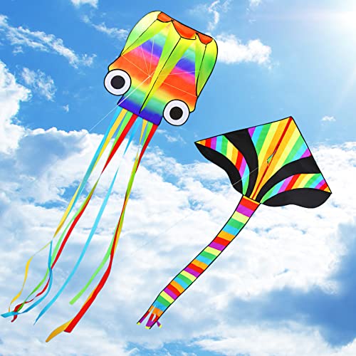 COOLJOY Huge Kites 2 Packs | 3D Octopus Kite and Rainbow Delta Kite with Long Tail | Easy Flyer Kites for Boys Girls Adults Friends and Family | Flying Beach Park Outdoor Games Activities
