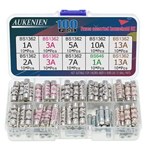 AUKENIEN Fuses Assorted Household UK 8 Values 100 Pcs BS1362 1A 2A 3A 5A 7A 10A 13A 240V 6.3x25 MM BS646 1A 5x20MM 1 2 3 5 7 10 13 Amp BS Ceramic Fuse Pack Mixed Assortment Kit for Mains Shaver Plug