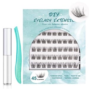 SISILILY Individual Lashes 45 Cluster Lashes C Curl DIY Eyelash Extension Kit at Home Reusable 3D False Eyelashes Natural with Eyelash Glue and Tweezer 10/12/14/15/16mm Length (DM04)