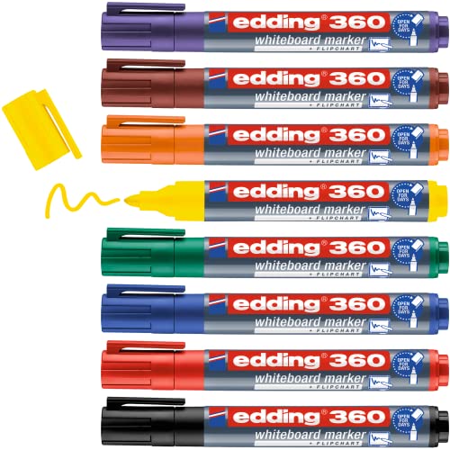edding 360 whiteboard marker set - multi-coloured - 8 whiteboard pens - round nib 1.5-3 mm - whiteboard pen dry wipe - for whiteboards