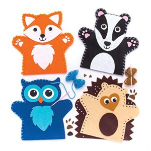 Baker Ross AR637 Woodland Animal Hand Puppet Sewing Kits (Pack of 4) for Kids Arts and Crafts
