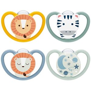 NUK Space Day & Night Baby Dummy | 6-18 Months | Glow-in-The-Dark Soothers with Extra Ventilation for Sensitive Skin | BPA-Free Silicone | Zebra & Lion | 4 Cou