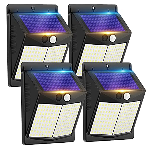Security Lights Outdoor Motion Sensor - Solar Powered Outside Wall Lighting 144 LED Solar Light Garden Fence IP65 Waterproof External Sensor Solar Lights for Front Door Yard Garage (4 Pack)            [Energy Class A+++]