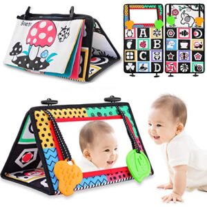 Sirecal Baby Tummy Time Mirror Flip Baby Mirror Floor with Teether Soft Cloth Book Black and White Sensory Toys Newborn Mirror Toy Developmental Gift for Infants Girls Boys 0-6 Months