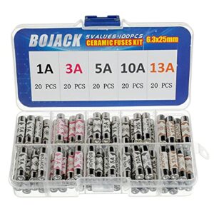 BOJACK 5 Values 100 pcs 1 3 5 10 13 A amp 240 V Volt Household Mains Plug Fuse 6.3x25 mm 0.25x1Inch BS1362 Ceramic Tube Cartridge Fuses Assortment Kit packag in a Clear Plastic Box