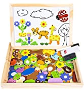 COOLJOY Wooden Magnetic Board Puzzle Games, 100+ PCS Double Sided Jigsaw Farm Pattern Drawing Eas...