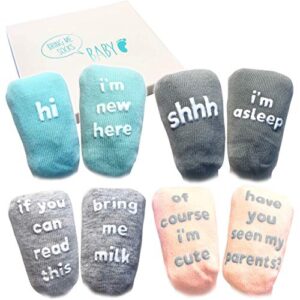 Baby Socks Gift Set - Unique Baby Shower or Newborn Gift - 4 Pairs of Cute Quotes in Gift Box