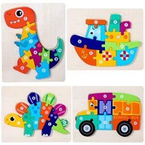 Wooden Puzzles Dinosaur Animals Jigsaws puzzle Toys for Kids 3 Year Old 4 Pack Shape Number Puzzle Toddler Crafts Gifts Educational Games for Girls Boys Childre