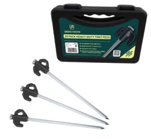 GREEN HAVEN 20 Pack Galvanised Stainless Steel Hard Ground Tent Pegs with Storage Case – Heavy Duty Tent Pegs & Awning Pegs | Stainless Steel Ground Pegs Camping Pegs for Outdoor | Sturdy Storage Case
