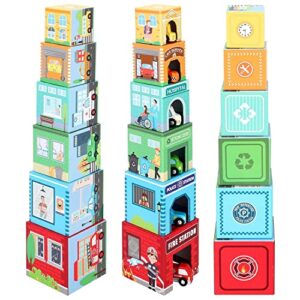SOKA 12pcs Stacking and Sorting Cubes Wooden Balancing Buildings & Vehicles Fire Engine Police Car Ambulance Educational Blocks Toy Set Gift for Kids Children Boy Girl Ages 12 month old +