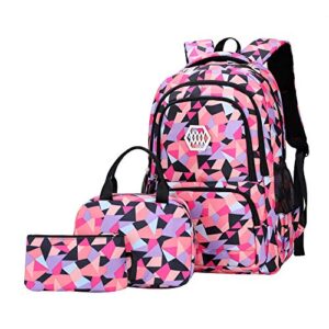 SellerFun Girl Geometric Printed Primary Junior High University School Bag Bookbag 3pcs Backpack Sets(2# Black-3pcs