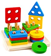 Kimzom Wooden Shape Sorting Stacking Blocks Toys for Toddler Boys Girls - Best Learning Gift
