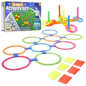 KreativeKraft Party Games for Kids 3 in 1 Indoor and Outdoor Games Garden Games for Kids and Adults Ring Toss Bean Bags Throwing Giant Hopscotch Activities Se