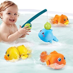 Bath Toys Magnetic Fishing Games Infant Baby Bath Time Wind-up Swimming Duck Whale Floating Pool Bathtub Christmas Birthday Gifts Toys Set for Toddlers Kids Age 18 Months 2 3+ Year Olds Boys Girls