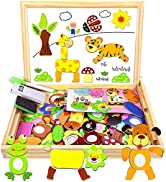 COOLJOY Wooden Magnetic Board Puzzle Games, 118 PCS Double Sided Jigsaw Dinosaur Pattern Drawing ...