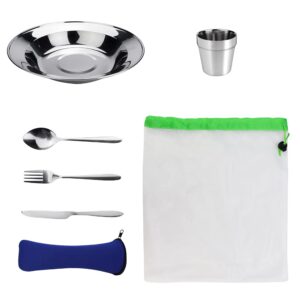 EMAGEREN 7 in 1 Camping Cutlery Set Stainless Steel Utensils Camping Tableware Mess Kit Complete Dinnerware Set Includes Plate Bowl Cup Spoon Fork Knife Mesh Travel Bag for Camping Backpacking