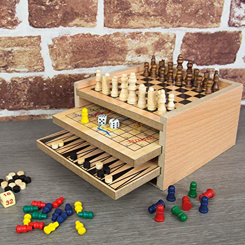 Global Gizmos 51350 7-in-1 Portable Wooden Board Game Set/Ideal For Travel/Includes Chess