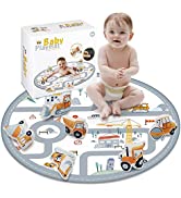 Edulike 120 * 120 cm Engineering Baby Play Mat, 6 Construction Vehicles Dolls with Squeezing Soun...