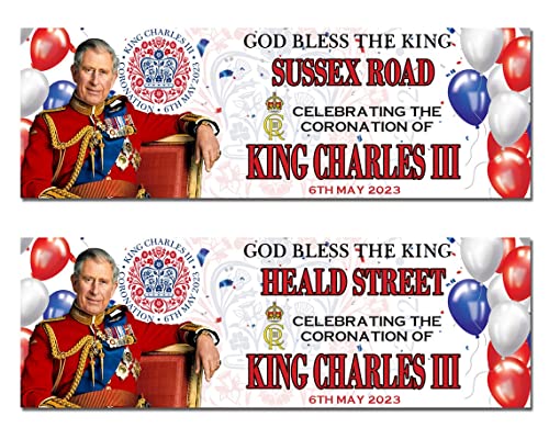 2 Personalised King Charles III Coronation Banner Poster Decorations Party Union Jack 2023 Royal Celebration Events Memorabilia United Kingdom England