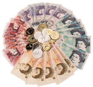 Sterling Pound Play Money Currency for Educational Learning – Bank and Shop Role Play - Literacy - Numeracy - Pretend Play Set - Fake Money Cash UK Banknote Notes and Coins - Kids Children's Toy