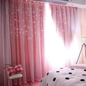 Mumustar 1 Panel Double-Deck Starry Crystal Blackout Voile Curtains Pencil Pleat 40'' Width X 78'' Drop For Bedroom Living Room Long Tulle Window Curtain Panel Sheer Drapes Shaded Window (Pink)
