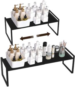 KZOBYD Extendable Kitchen Cupboard Shelf Organiser Adjustable Pantry Storage Unit Practical Cabinet Storage Shelf Stand Spice Rack Multi-Function Space Saver for Counter-Tops (Black