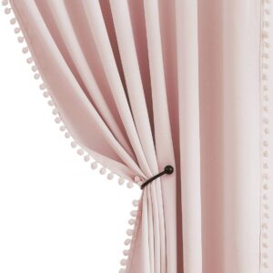 Pink Pom Poms Blackout-Curtains 90 inch Bedroom Window Curtains for Living Room Triple Weave Half Blackout Window Curtains Pencil Pleat for Hotel Guest Room Drapes 50" w x2 Panels