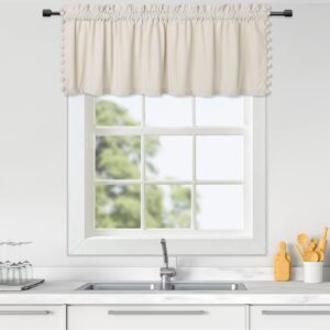 CAROMIO Velvet Valance Curtains Blackout Short Curtains Boho Pom Pom Kitchen Cafe Curtains Velvet Fabric Half Window Curtains Small Cafe Curtains for Bedroom Bathroom
