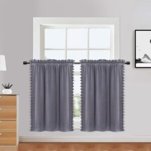 CAROMIO Cafe Curtains 24Inch Velvet Fabric Short Curtain Tiers for Kitchen Windows Grey Boho Pom Pom Small Window Curtain Soft Luxury Home Decor Room for Bedroom