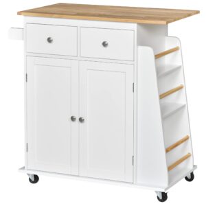 HOMCOM Kitchen Island Storage Cabinet Rolling Trolley with Rubber Wood Top