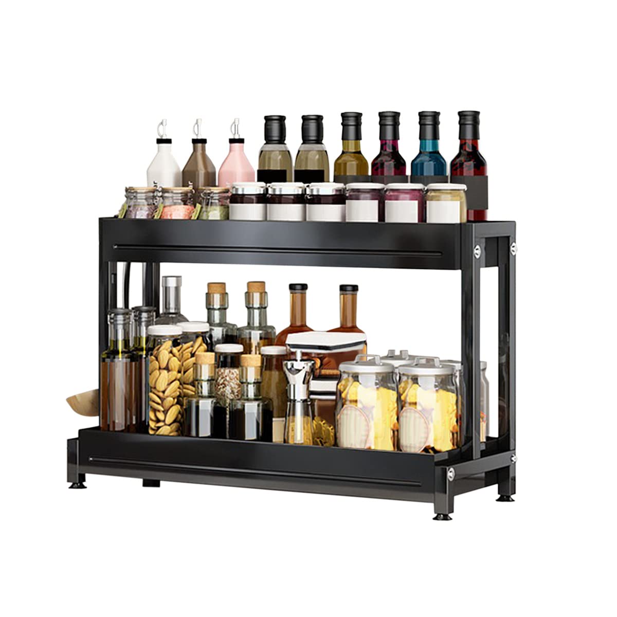 Redwestmelon Black Spice Rack Kitchen Storage Shelf Free-Standing Spice Organizer Holder 2 Tier Seasoning Rack Countertop Metal Spice Stand