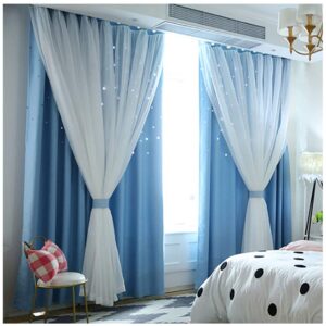 Mumustar 1 Panel Double-Deck Starry Crystal Blackout Voile Curtains Pencil Pleat 40'' Width X 78'' Drop For Bedroom Living Room Long Tulle Window Curtain Panel Sheer Drapes Shaded Window (Blue)