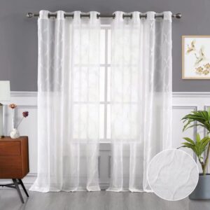 CAROMIO White Semi Sheer Curtain Embroidery Geometric Pattern