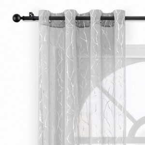 Kotile Grey Sheer Curtains with Tree Pattern - Metallic Silver Branch Artistic Design Grommet Sheer Curtains 84 Inch Long Light Filter Privacy Voile Drapes