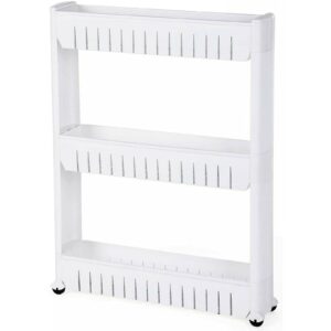 ZENO 3-Tier Slim Slide Out Kitchen Storage Trolley Cart White | Rolling Mobile Shelving Unit | Storage Tower Holder Rack on Wheels for Kitchen | Bathroom | Laundry | Office