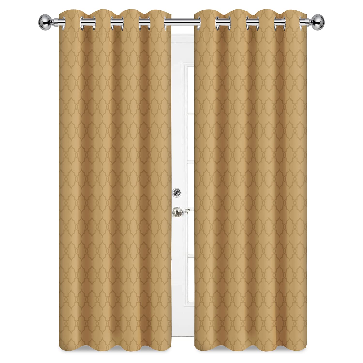 Oxford Homeware Eyelet Curtains for Living Room Bedroom 54 inch Drop Beige Curtains Thermal Embossed 260 GSM Blackout Ring Top Curtain 2 Panels with Matching Tie Backs (46x54)