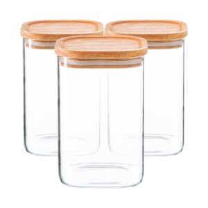 Argon Tableware Square Glass Storage Jars with Wooden Lids - Modern Kitchen Pantry Food Canister - 1.1 Litre - Pack of 3