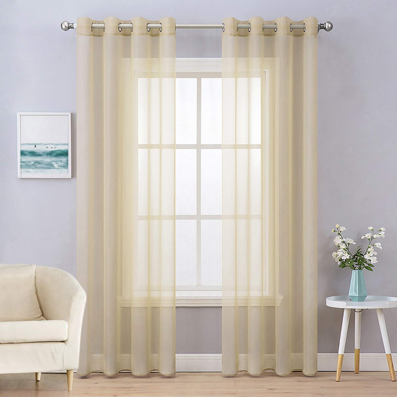 MIULEE 2 Panels Solid Color Sheer Window Curtains Smooth Elegant Window Voile Panels/Drapes/Treatment for Bedroom Living Room 55" Wx102 L Beige
