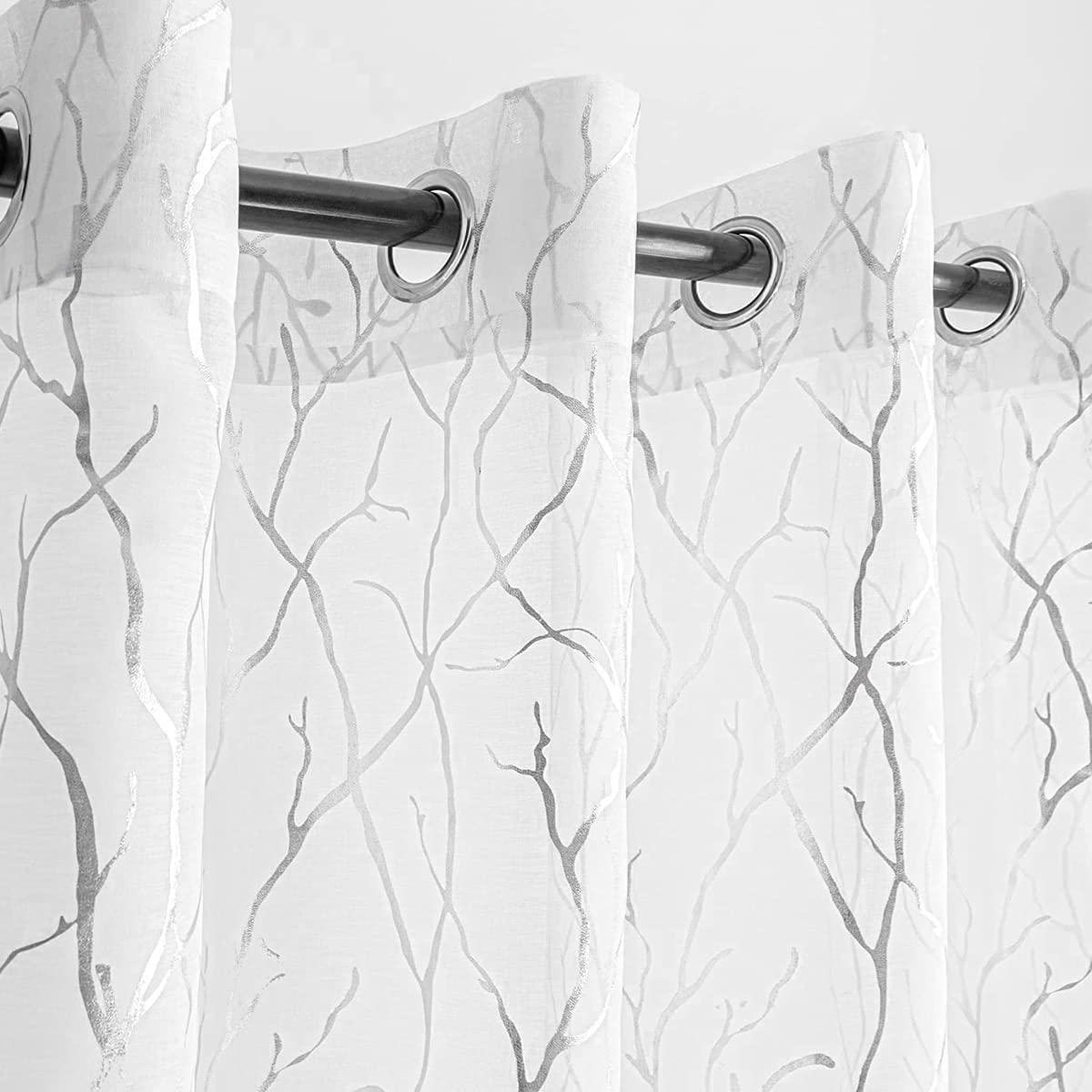 Kotile White Sheer Curtains 84 Inches Long - Printed Classy Silver Tree Branch Curtains for Bedroom Grommet Top Window Tree Curtains for Living Room