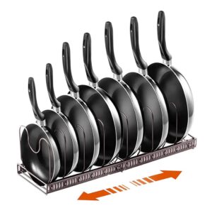 YunNasi Pan Organiser Rack Holds in Iron Adjustable with 7 Adjustable Compartments Pot & Pan Racks Pot Lid Holder Kitchen Organizer Rack for Cabinet (Bronze)