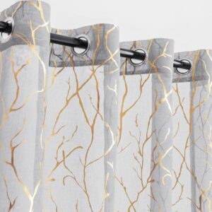 Kotile Tree Curtains for Living Room - Gold Foil Tree Branch Sheer Curtains 84 Inch Length for Bedroom