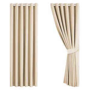 Aspire Homeware Blackout Curtains for Living Room - Cream Eyelet Bedroom Curtains with Tiebacks Thermal Insulated Super Soft Ring Top Black Out Window Curtain Pair Panel 66" x 72" Drop