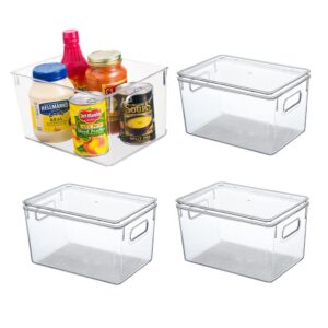Lesolar 4 Pack Stackable Plastic Box Tray Transparent Pantry Organizer and Storage Bins Fridge Organisers with Lids for Kitchen Storage Organisation Countertops Cabinet Space Save