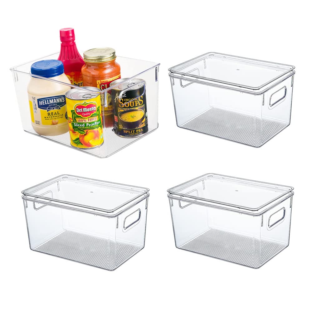 Lesolar 4 Pack Stackable Plastic Box Tray Transparent Pantry Organizer and Storage Bins Fridge Organisers with Lids for Kitchen Storage Organisation Countertops Cabinet Space Save