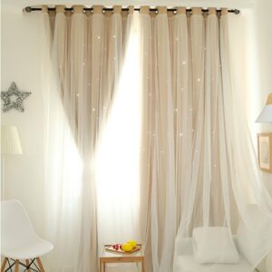 Mumustar 1 Panel Double-Deck Starry Crystal Blackout Voile Curtains Pencil Pleat 40'' Width X 78'' Drop For Bedroom Living Room Long Tulle Window Curtain Panel Sheer Drapes Shaded Window (Beige)